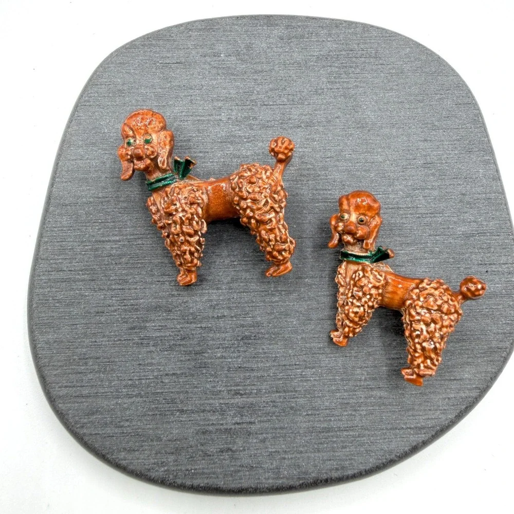 Vintage Pair Enamel Poodle Dog Brooch Pins Brown Green Figural Costume Jewelry